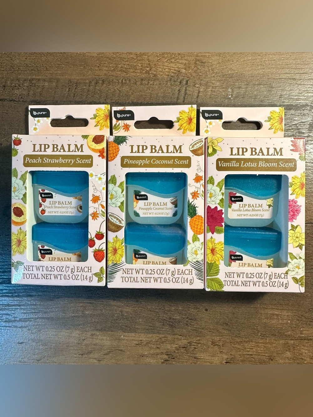 B Pure 3pc Mini Lip Balms-NEW SCENTS- (3) 2-pks Peach Pineapple Vanilla BNIB